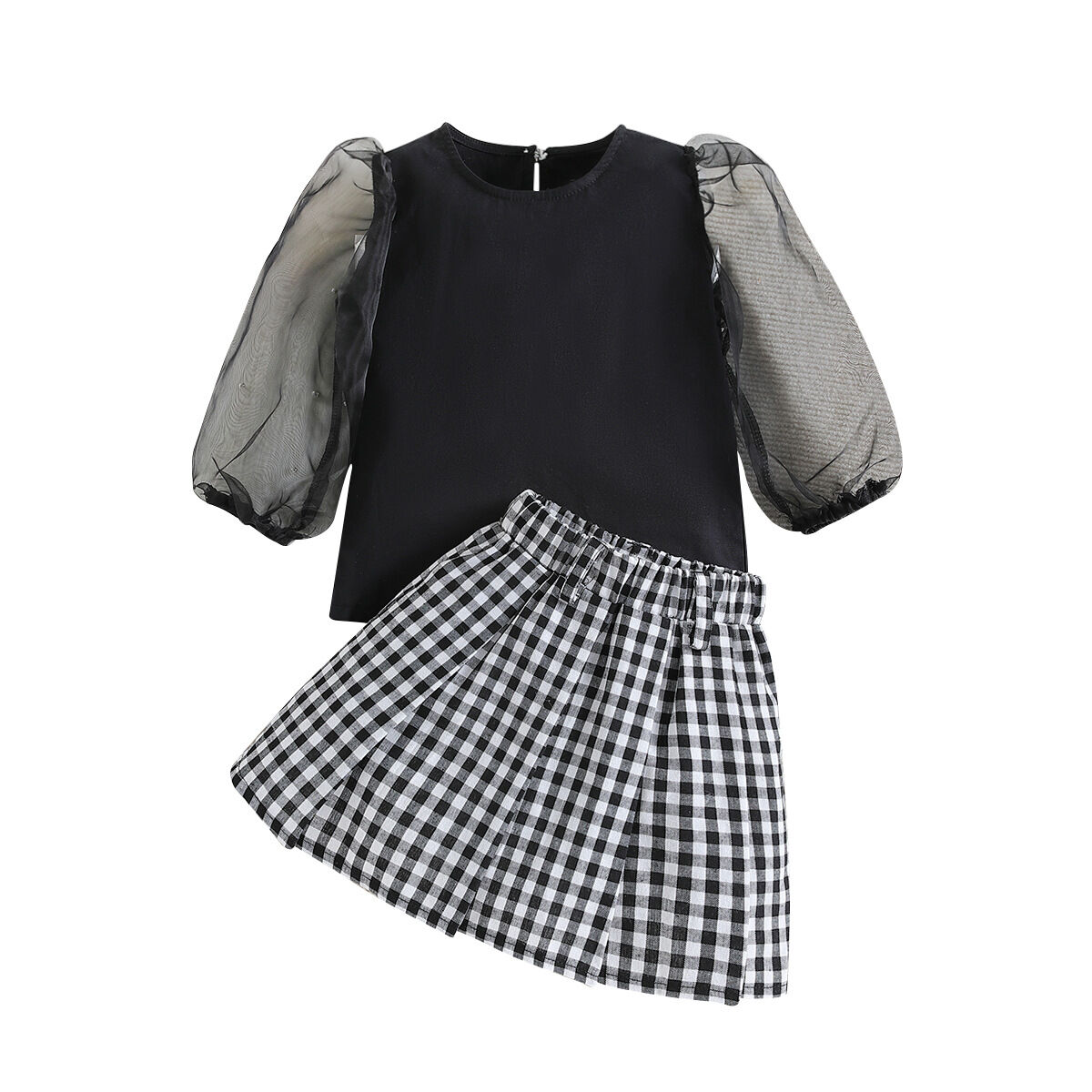 3-8Y Kids Girls Sets Mesh Sleeve Tops And Plaid Skirts Wholesale Girls ...